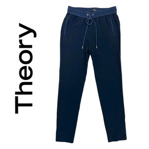 Theory Crepe Navy Blue Drawstring Waist Pull On Pants Zip Ankle Casual Size S
